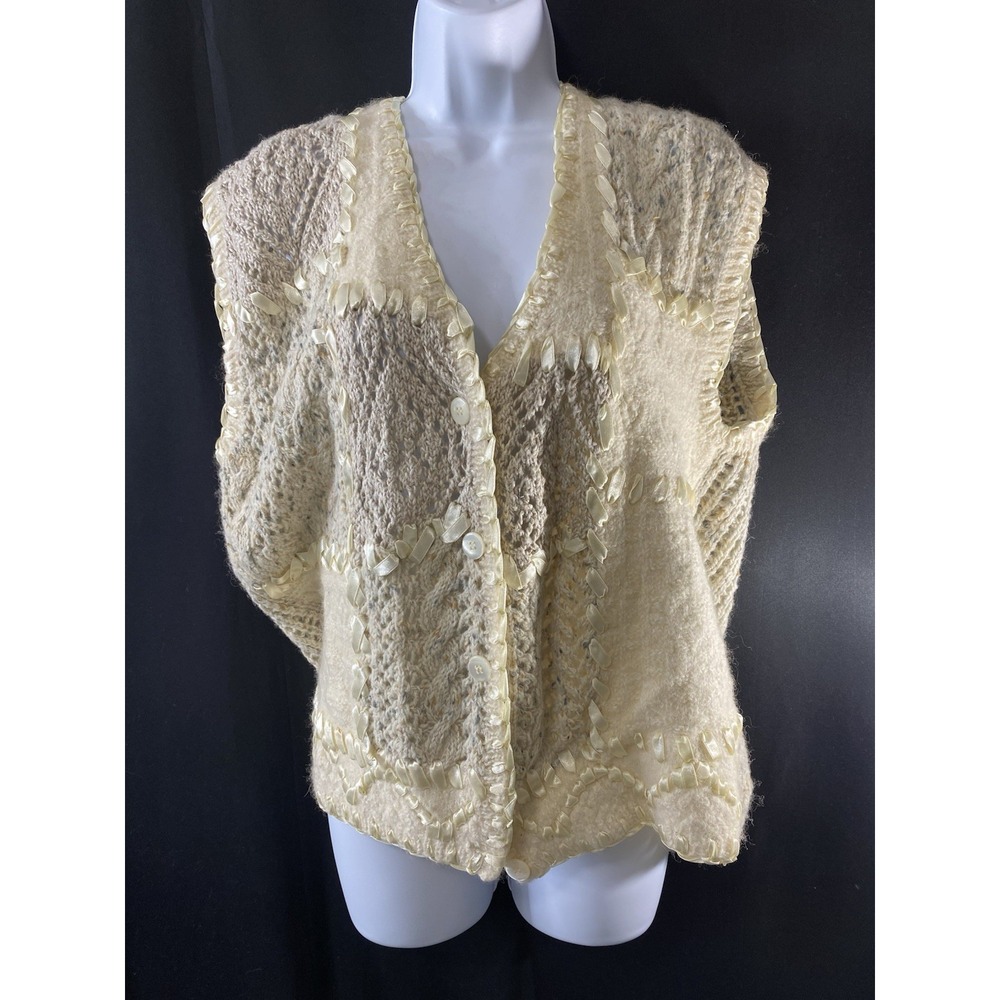 Norm Thompson Womens Vintage Wool Sweater Vest Size Large Ribbon Crochet Fall